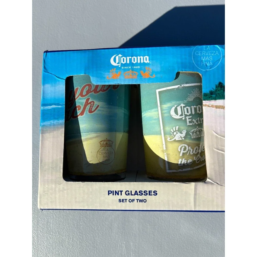 Corona Pint Glasses Find Your Beach Set of 2 16oz Beer La Cerveza‎ Mas Fina
